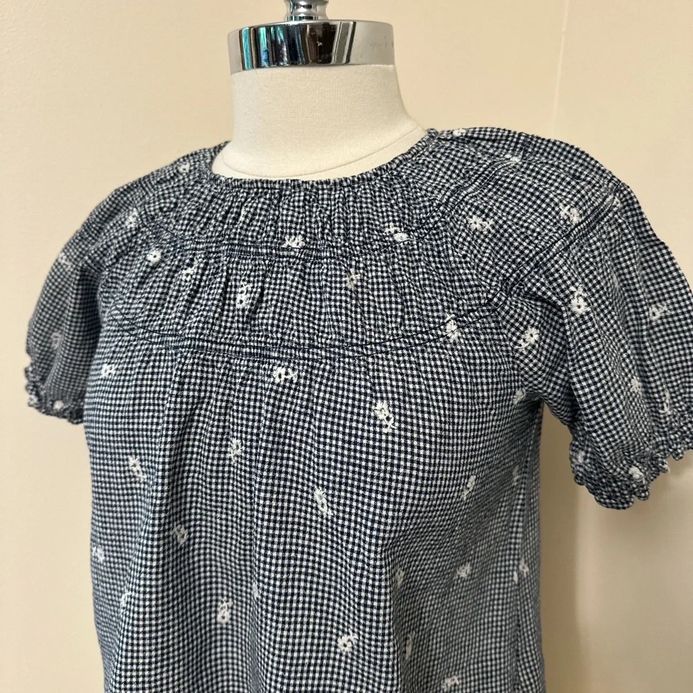 Madewell Navy Gingham Smocked Puff Sleeve Top